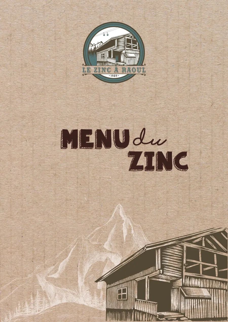 Couverture de la carte imprimée du Zinc à Raoul : papier kraft, badge 1989 et gravure de chalet.