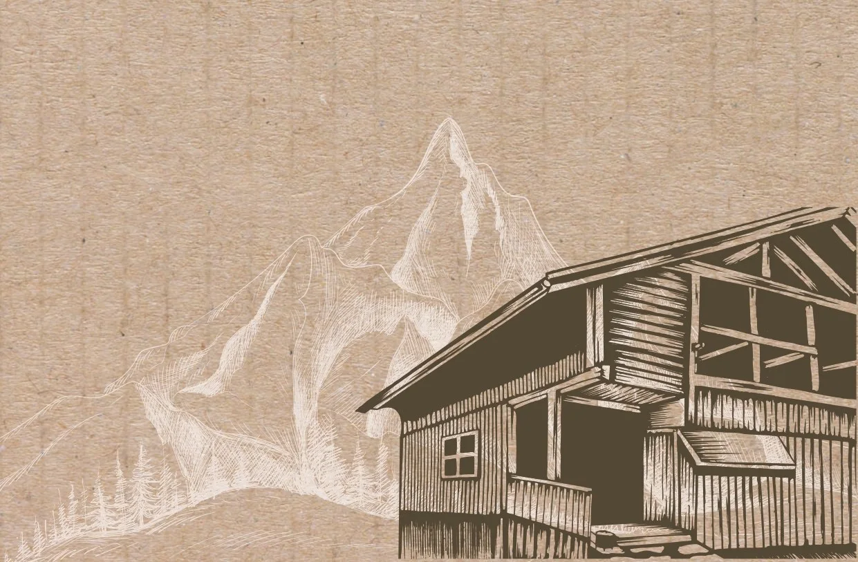 Gravure du chalet et des montagnes, tirée de la couverture de la carte imprimée du Zinc à Raoul.